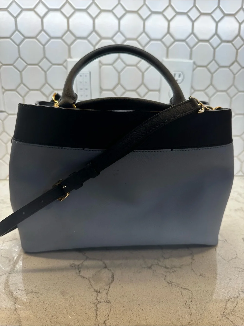 Michael Kors Light Blue and Black Saffiano Leather Satchel